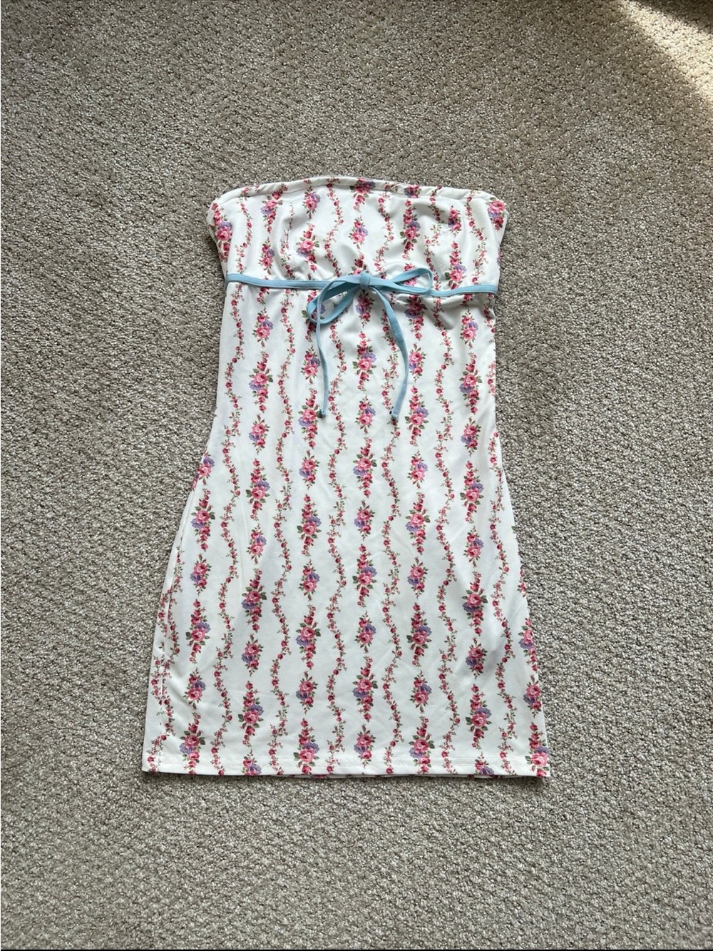 Edikted White Strapless Dress with Pink Floral Print and Blue Waist Tie